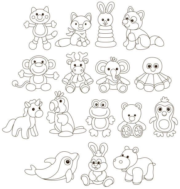 Collection of amusing colorful toy animals Vector set of amusing cartoon characters, black and white vector illustrations for a coloring book frog clipart black and white stock illustrations
