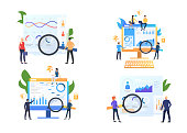 Collection of analysts at work. Group of financial specialists viewing market research. Vector illustration for commercial, promo, presentation