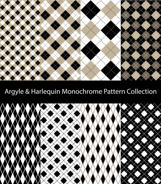 Collection of Argyle / Harlequin / Rhombus patterns. Black and White seamless decorative backgrounds. Collection of Argyle / Harlequin / Rhombus patterns. Black and white seamless decorative backgrounds. harlequin stock illustrations