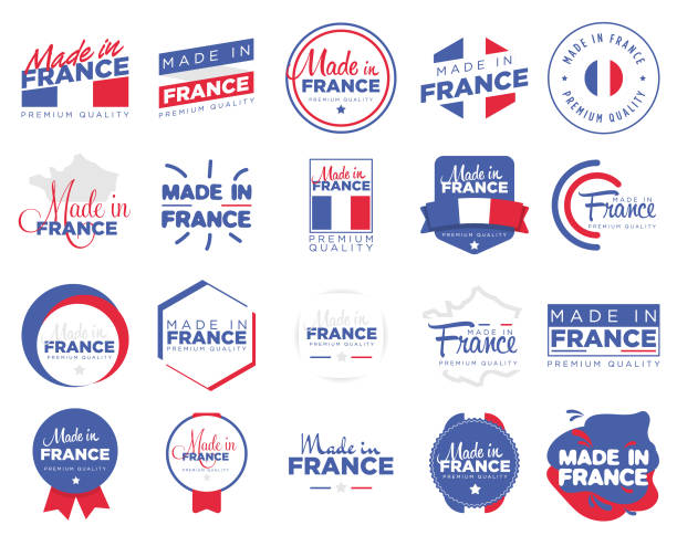 Collection of badges "Made in France" Collection of badge  "Made in France" with ribbon and flag on white background, For art template design, page, mockup brochure style, banner, idea, cover, booklet, print, flyer, book, card making stock illustrations