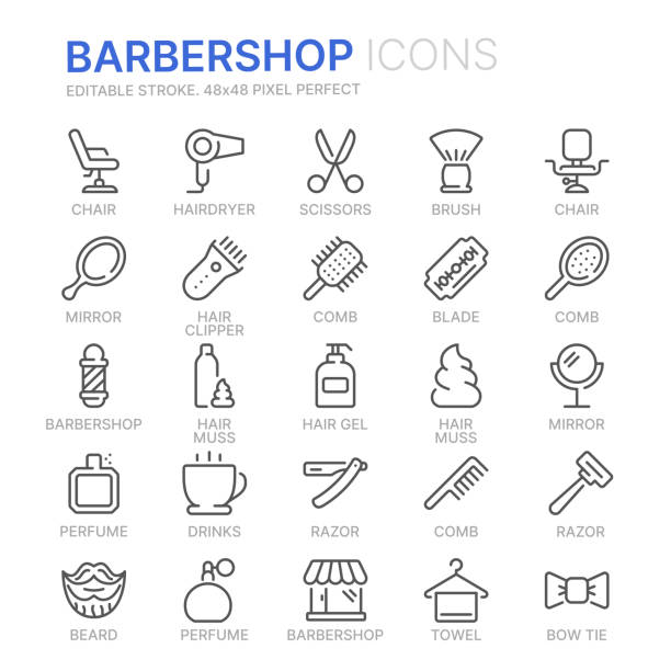 illustrazioni stock, clip art, cartoni animati e icone di tendenza di collezione di icone della linea barbershop. 48x48 pixel perfetto. tratto modificabile - parrucchiere