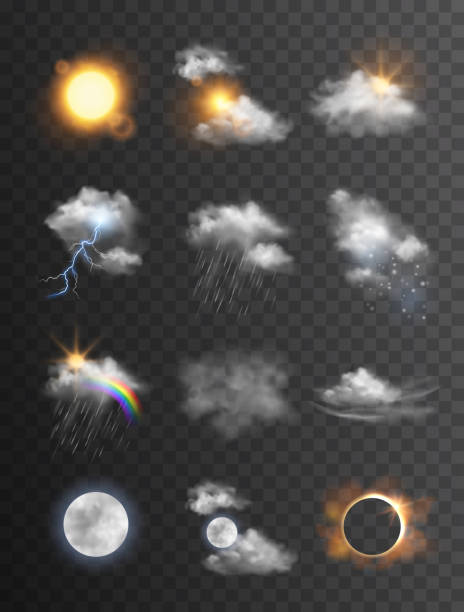 Collection of beautiful vector realistic weather symbols/icons - meteorology, forecast Collection of beautiful vector realistic weather symbols/icons - meteorology, forecast lightning clipart stock illustrations