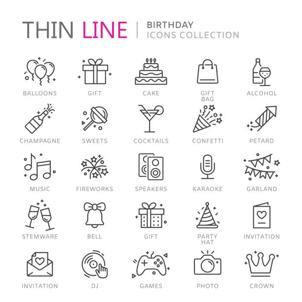 Collection of birthday thin line icons Collection of birhtday thin line icons. Vector eps10 champagne icons stock illustrations