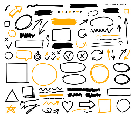 Collection of simple doodle lines, curves, frames and spots. Vector flat illustrations. Arrow, square, oval, circle, cross, pointer, check mark, heart, star for concept design.