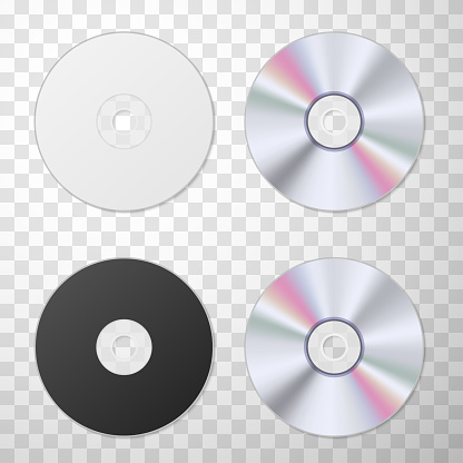 Collection of blu-ray, black and white blank compact disk realistic vector illustration