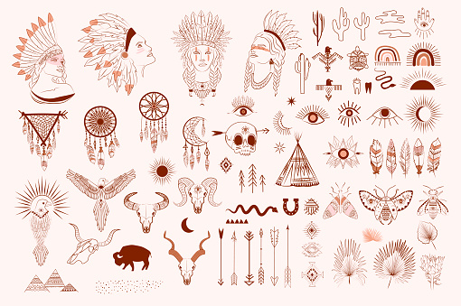 Collection of boho and tribal elements, woman face portrait, dreamcatcher, birds, animals skull, esoteric elements, insect and plants. Minimalist objects one line style. Editable Vector Illustration.