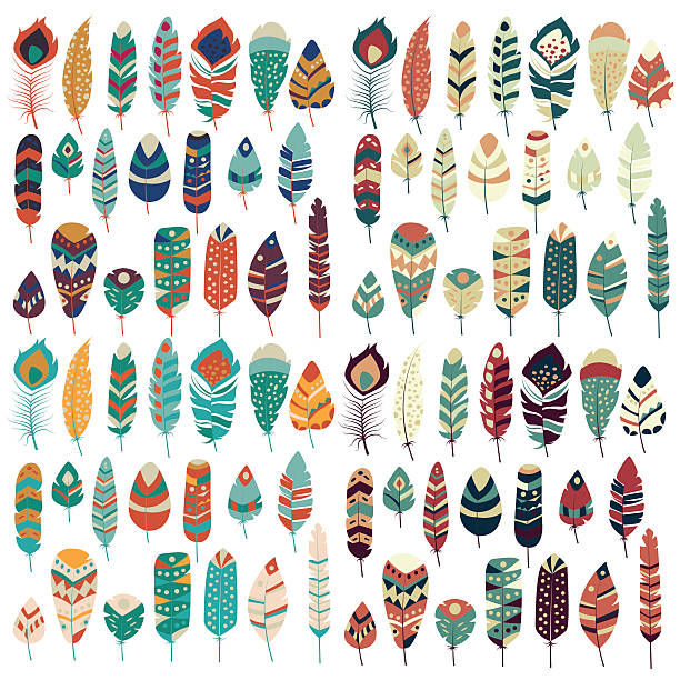 Collection of boho vintage tribal ethnic hand drawn colorful feathers vector art illustration