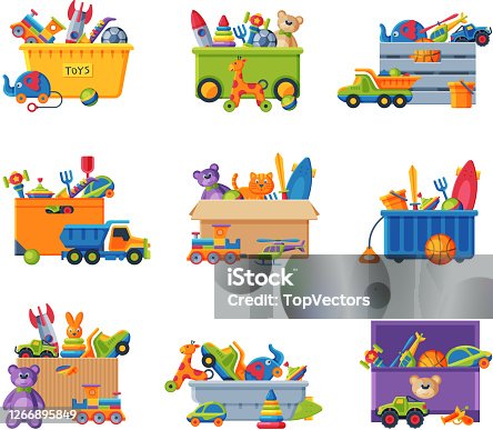 istock Collection of Boxes with Various Colorful Toys, Plastic and Cardboard Containers with Baby Playthings Flat Vector Illustration 1266895849