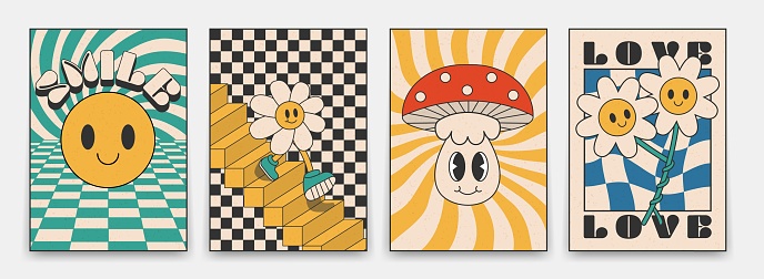 Collection of bright groovy posters 70s. Retro poster with psychedelic flowers and mushrooms, vintage prints with grunge texture