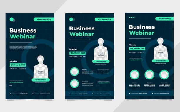 Collection of business webinar social media stories post templates on navy blue and green background with circle frame vector art illustration