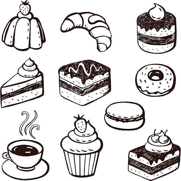 stockillustraties, clipart, cartoons en iconen met collection of cake and bakery doodles - brownie
