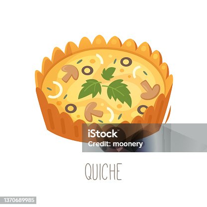 istock Collection of cakes, pies and desserts for all letters of alphabet. Letter Q - quiche. French tart filled with savoury custard, meat, cheese and vegetables. 1370689985