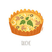istock Collection of cakes, pies and desserts for all letters of alphabet. Letter Q - quiche. French tart filled with savoury custard, meat, cheese and vegetables. 1370689985
