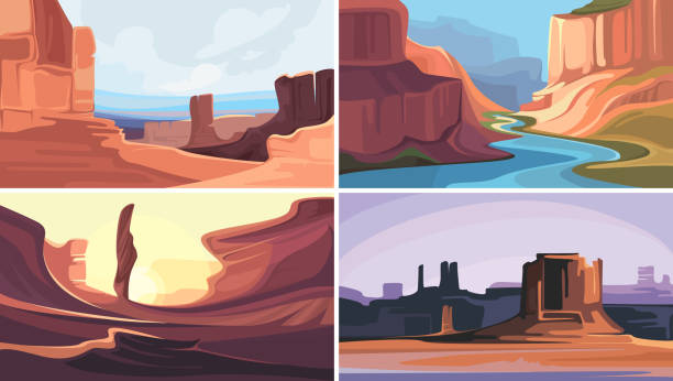 illustrazioni stock, clip art, cartoni animati e icone di tendenza di collezione di canyon con montagne rosse. - canyon