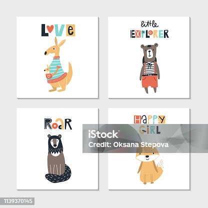 istock Collection of children cards with cute animals and lettering. Perfect for nursery posters. Vector illustration. 1139370145
