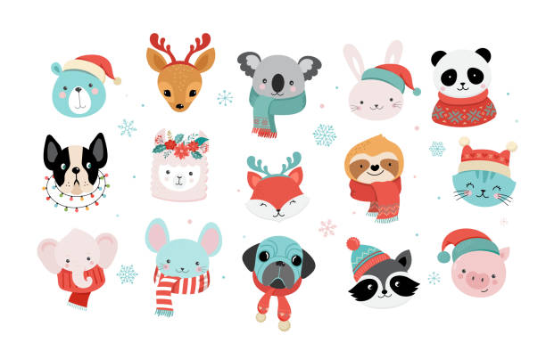 Collection of Christmas cute animals, Merry Christmas illustrations of panda, fox, llama, sloth, cat and dog with winter accessories like a knited hats, sweaters, scarfs  cute animals stock illustrations