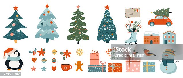 istock Collection of Christmas decorations, holiday gifts, winter knitted woolen clothes, ginger bread, trees, gifts and penguin. Colorful vector illustration in flat cartoon style. 1278630742