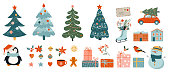 istock Collection of Christmas decorations, holiday gifts, winter knitted woolen clothes, ginger bread, trees, gifts and penguin. Colorful vector illustration in flat cartoon style. 1278630742