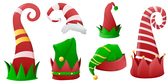 Collection of Christmas hats for elves, Santa Claus helpers. Christmas holiday hat green and red colours, decoration christmas costume. Vector illustration