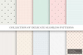 Collection of color repeatable delicate patterns. Dotted, striped tileable textures. You can find seamless backgrounds in swatches panel.