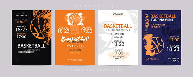 Collection of colored basketball designs, grunge style, sketch. Hand drawing. Sports print, template sports covers, basketball hoop. EPS file is layered.