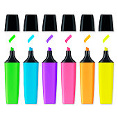 Multicolored highlighters isolated on a blank background. Colors : green, blue, purple, pink, orange, yellow.
