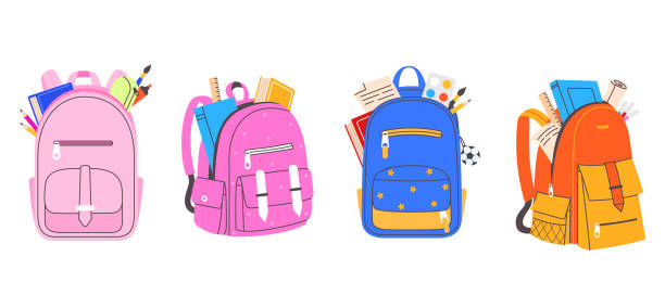 Collection of colorful school bags for boys and girls. Backpack full of stationery objects vector illustration in flat cartoon style. Back to school. Element for your design. Collection of colorful school bags for boys and girls. Backpack full of stationery objects vector illustration in flat cartoon style. Back to school. Element for your design. backpack stock illustrations