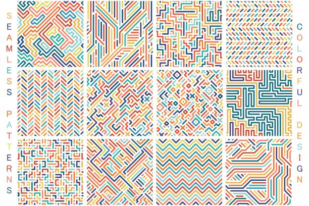 Collection of colorful seamless geometric patterns. Fashion 80-90s. Collection of colorful seamless geometric patterns. Fashion 80-90s. Vibrant vector backgrounds. maze patterns stock illustrations