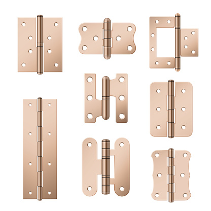 Collection of copper hinges for doors realistic vector illustration. Brass equipment for interior