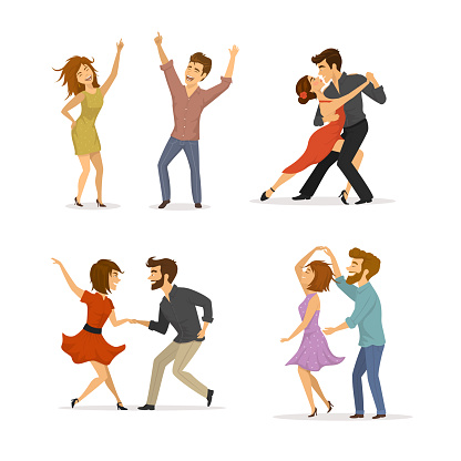 collection of couples dancing tango, twist, disco clubbing and romantic dance