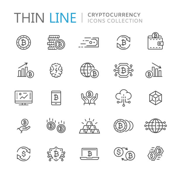 ilustraciones, imágenes clip art, dibujos animados e iconos de stock de colección de iconos de delgada línea cryptocurrency - bitcoin