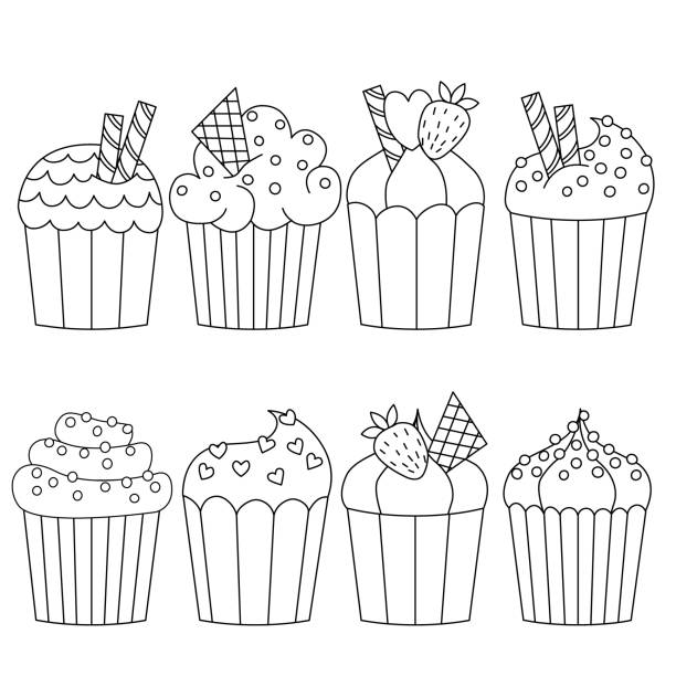 Collection of cupcake in doodle style. Hand drawn food icons are isolated on a white background. Vector illustration. Collection of cupcake in doodle style. cupcakes coloring pages stock illustrations