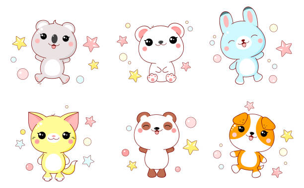 illustrations, cliparts, dessins animés et icônes de collection de bébé animaux mignons - kawaii