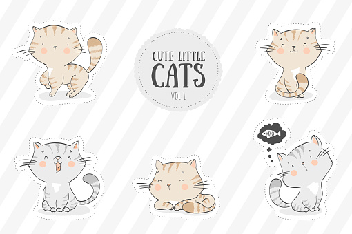 Collection of cute cats. Hand drawn kittens cartoon character stickers