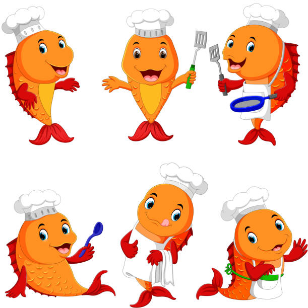 collection of cute fish chef cartoon illustration of collection of cute fish chef cartoon cartoon fish stock illustrations