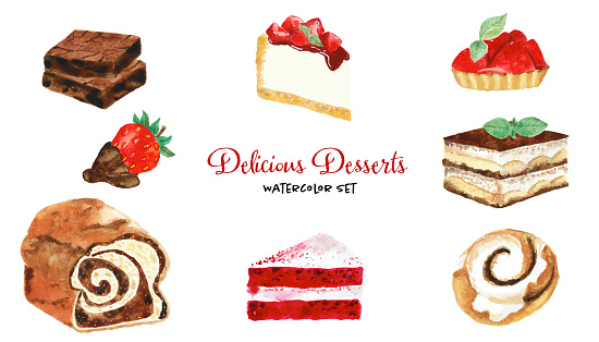 Collection of desserts in watercolor