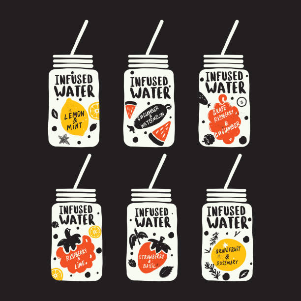 Collection of detox drinks, isolated on black background. Infused water. Hand drawn illustration and lettering. Collection of detox drinks, isolated on black background. Infused water. Hand drawn illustration and lettering. Vector. smoothie silhouettes stock illustrations