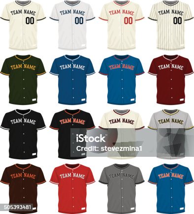 istock Collection of different colored baseball jersey options 505393481