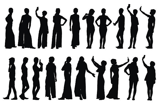 Collection of different short hair woman silhouettes in various poses Collection of different short hair woman silhouettes in various lifestyle poses. Easy editable layered vector illustration. selfie silhouettes stock illustrations