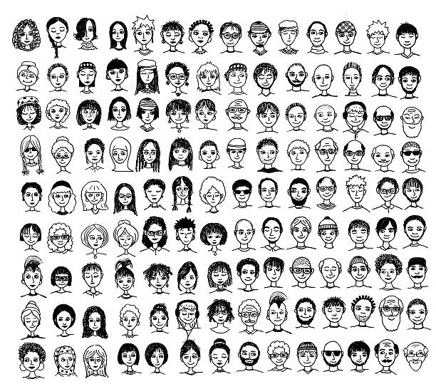 Collection of diverse hand drawn faces Collection of cute and diverse hand drawn faces in black and white facial expression illustrations stock illustrations