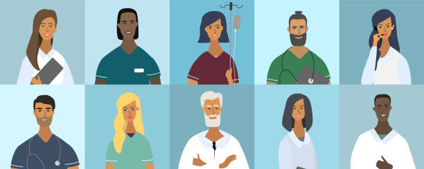 Collection of doctor portraits or avatars. Various faces: blonde, brunette, with beard, African American, trendy hairstyle. Teamwork of medical specialists. Flat vector illustration in cartoon style Collection of doctor portraits or avatars. Various faces: blonde, brunette, with beard, African American, trendy hairstyle. Teamwork of medical specialists. Vector illustration in cartoon style nurse face stock illustrations