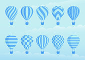 Collection of duotone vector hot air balloons. Zig zags, wavy lines, striped or checkered patterns on vintage style hot air balloon with basket at cloud background for sky holiday adventure design