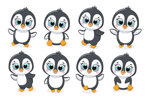 A collection of eight cute penguins. Vector illustration of a cartoon.