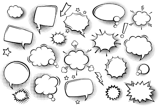 Collection of empty comic speech bubbles with halftone shadows. Hand drawn retro cartoon stickers. Pop art style. Vector illustration
