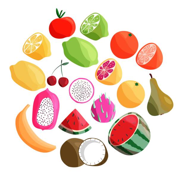 Collection of exotic tropical fruit, isolated on white background. Colorful flat vector illustration. vector art illustration