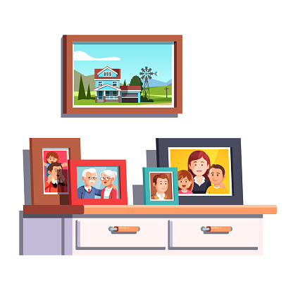 Collection of family generations relatives  photos in picture frames on chest of drawers table. Flat style vector