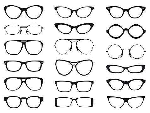 Collection of fashion glasses in black and white silhouette, vector.