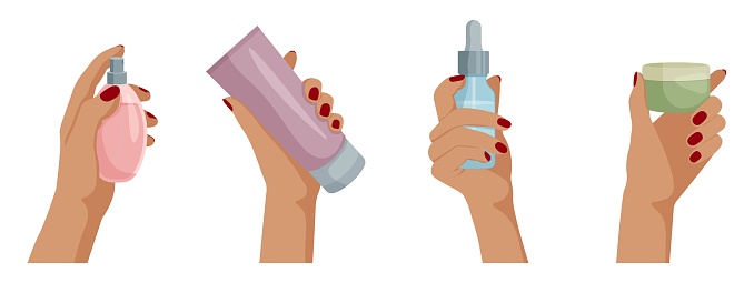 Collection of female hands holding different cosmetic product. Set of cosmetic products such as 
eau de parfum, moisture cream, serum, cleanser. Vector illustration in flat style.