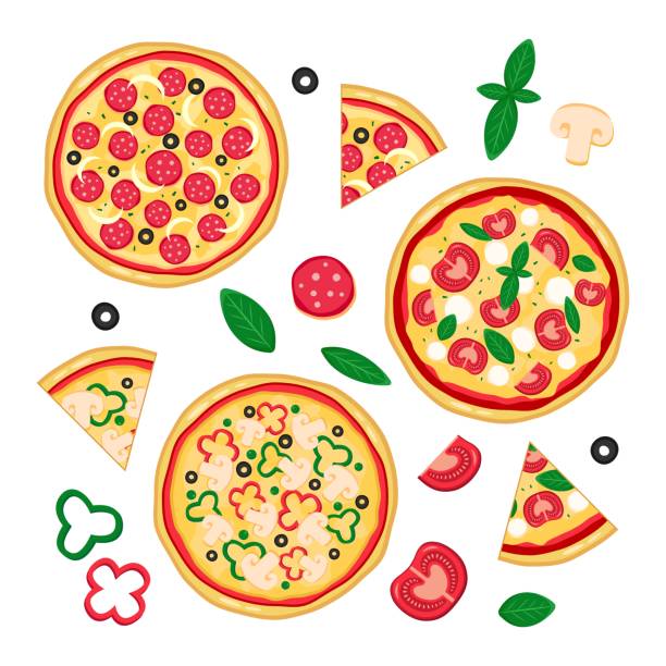 illustrazioni stock, clip art, cartoni animati e icone di tendenza di collezione di pizza fresca con fette e ingredienti. set isolato. - mozzarella