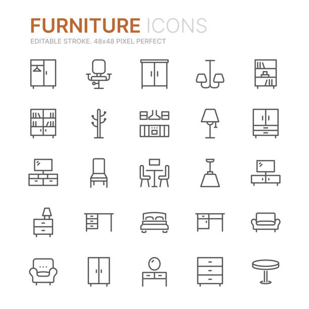Collection of furniture line icons. 48x48 Pixel Perfect. Editable stroke Collection of furniture line icons. 48x48 Pixel Perfect. Editable stroke bedroom icons stock illustrations